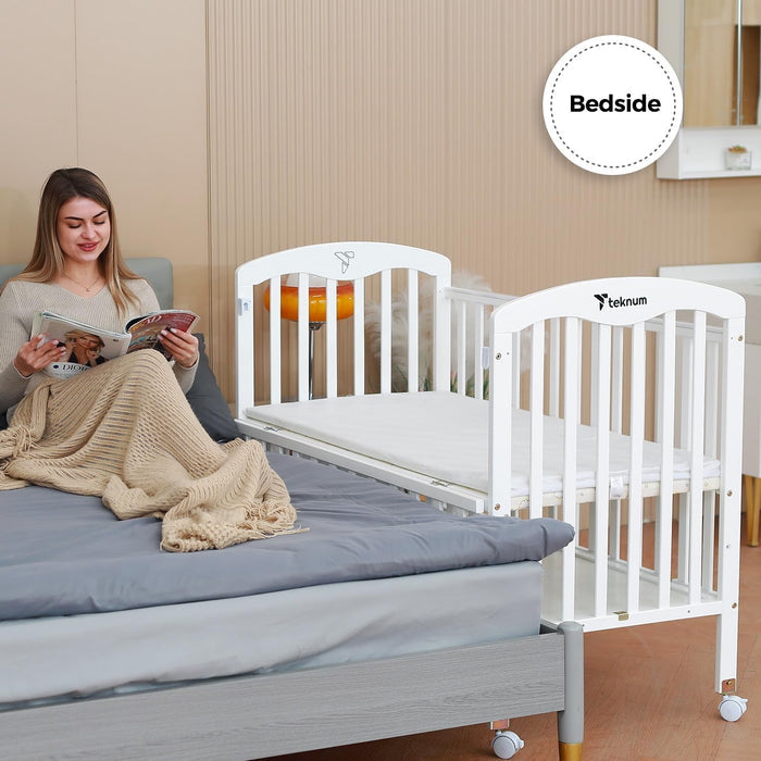 Teknum 4 in 1 Wooden Bedside With Storage and Height Adjustment (White) From Newborn Upto 4ys  Old