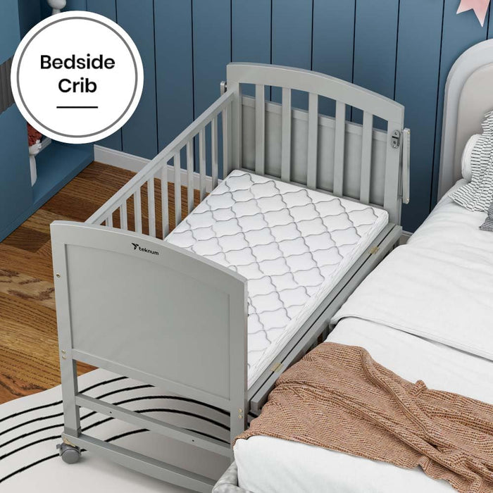 Teknum 7-in-1 Convertible Kids Bed & Bedside Crib with Mattress, Mosquito Net & Detachable Wheels