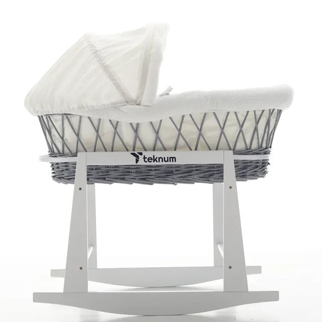 Teknum Wicker Moses Basket With Waffle Beddings & Stand – Grey