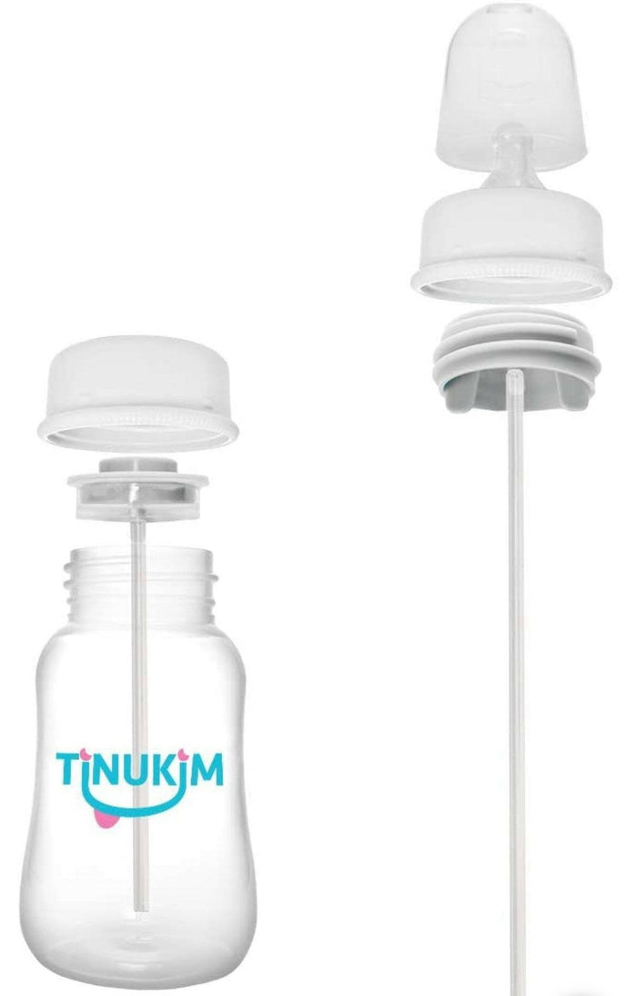 Tinukim iFeed 4 Ounce Self Feeding Baby Bottle with Tube - Handless Anti-Colic Nursing System, White - 2-Pack.