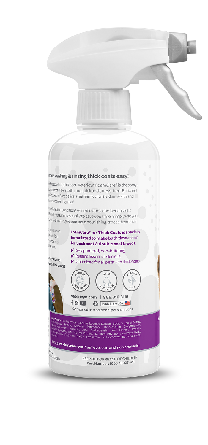 Vetericyn FoamCare Sprayable Thick Coat Shampoo + Conditioner for Dogs & Cats, 16-ounce