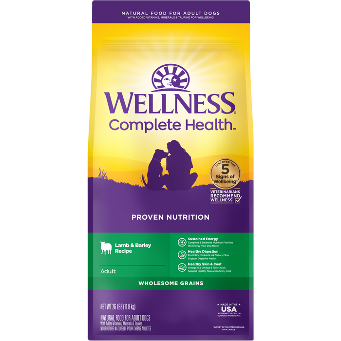 Wellness Complete Health Dry Dog Food, Wholesome Grains, Natural, Lamb & Barley Recipe, (26-Pound Bag)